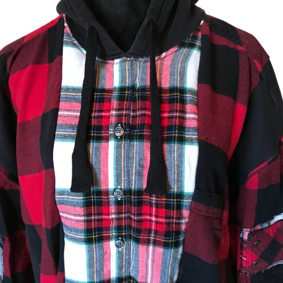 Upcycled Patchwork Hoodie XL/1X: Boho Grunge Black & Red Flannel Sweatshirt - Picture 5 of 10